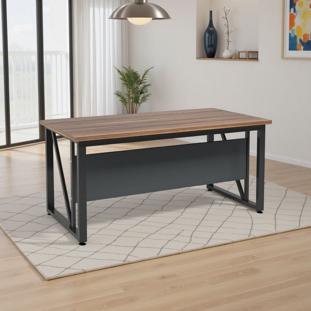 Tibe Computer Desk | 55" Rectangle Top | Brown Wood Black Metal Legs