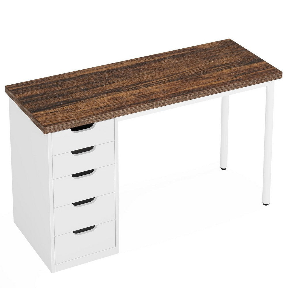Computer Desk w 5 Drawers and White Metal Legs | 47" Brown Wood Top