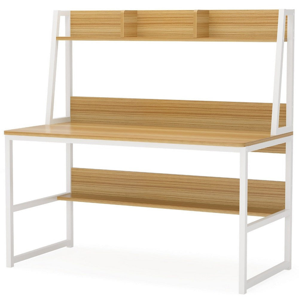 Modern Computer Desk with Hutch Bookshelf | White Brown Workstation BM336955