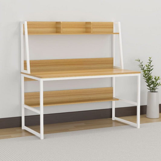 Modern Computer Desk with Hutch Bookshelf | White Brown Workstation