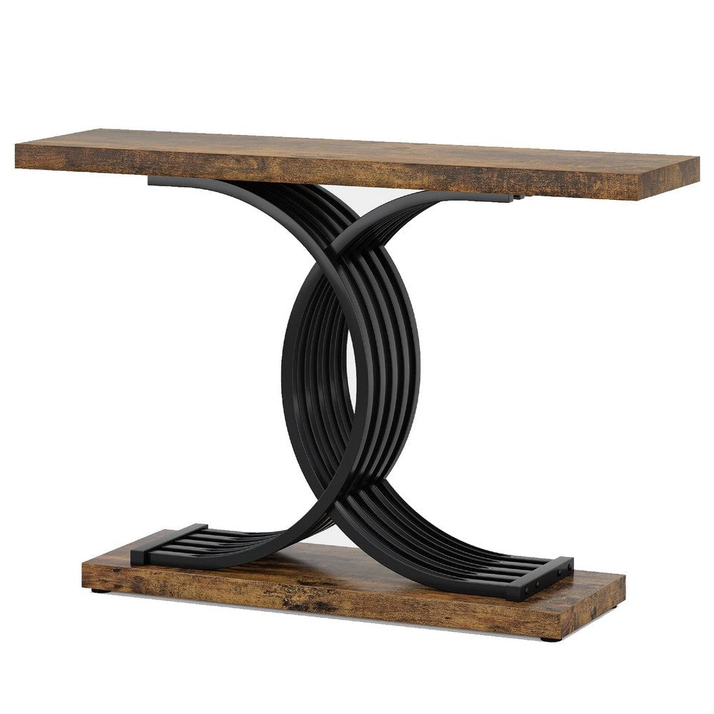 Meu Sofa Console Table | Sculpture Black Metal Base | 39’’ Brown Wood BM336957