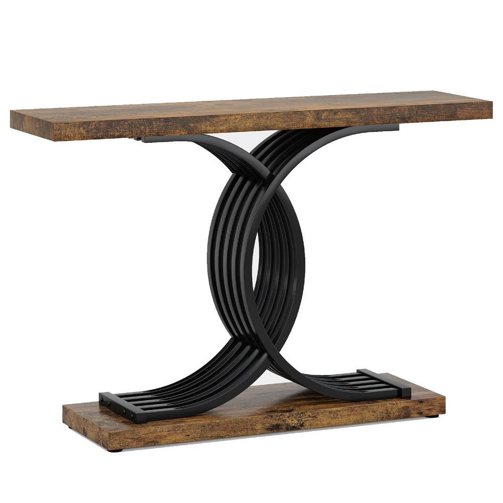 Meu Sofa Console Table | Sculpture Black Metal Base | 39" Brown Wood