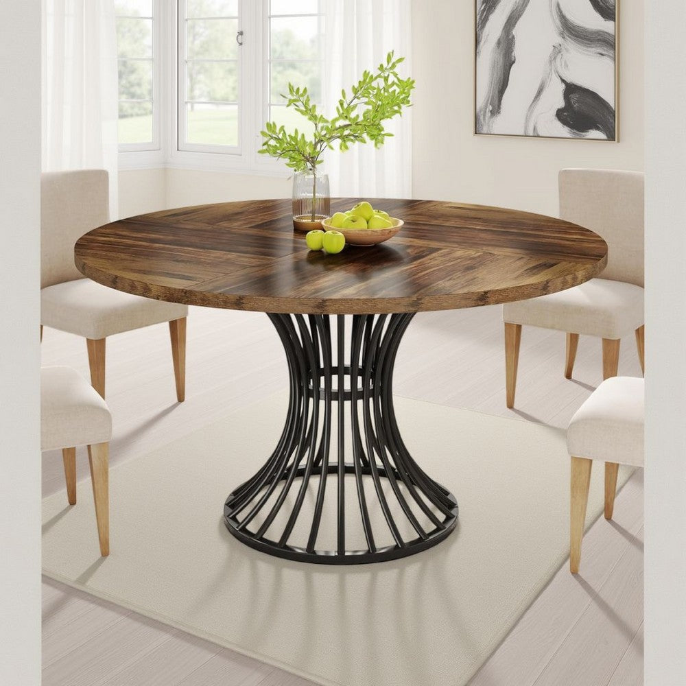 Farmhouse Dining Table | 47" Brown Top | Hourglass Black Metal Base