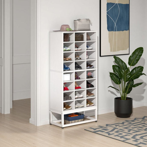 Freestanding Shoe Rack with 24 Cubbies and Shelf | 8 Tier Modern White