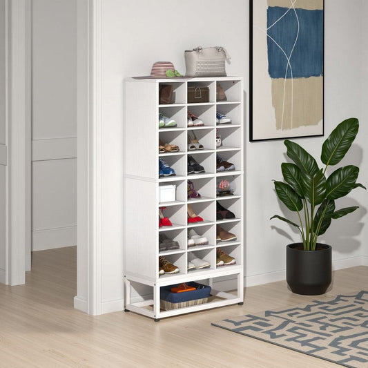Freestanding Shoe Rack with 24 Cubbies and Shelf | 8 Tier Modern White