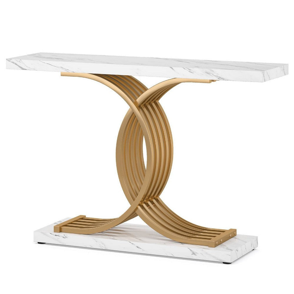 Meu Console Table | Curved Gold Metal Base | 39’’ White Faux Marble