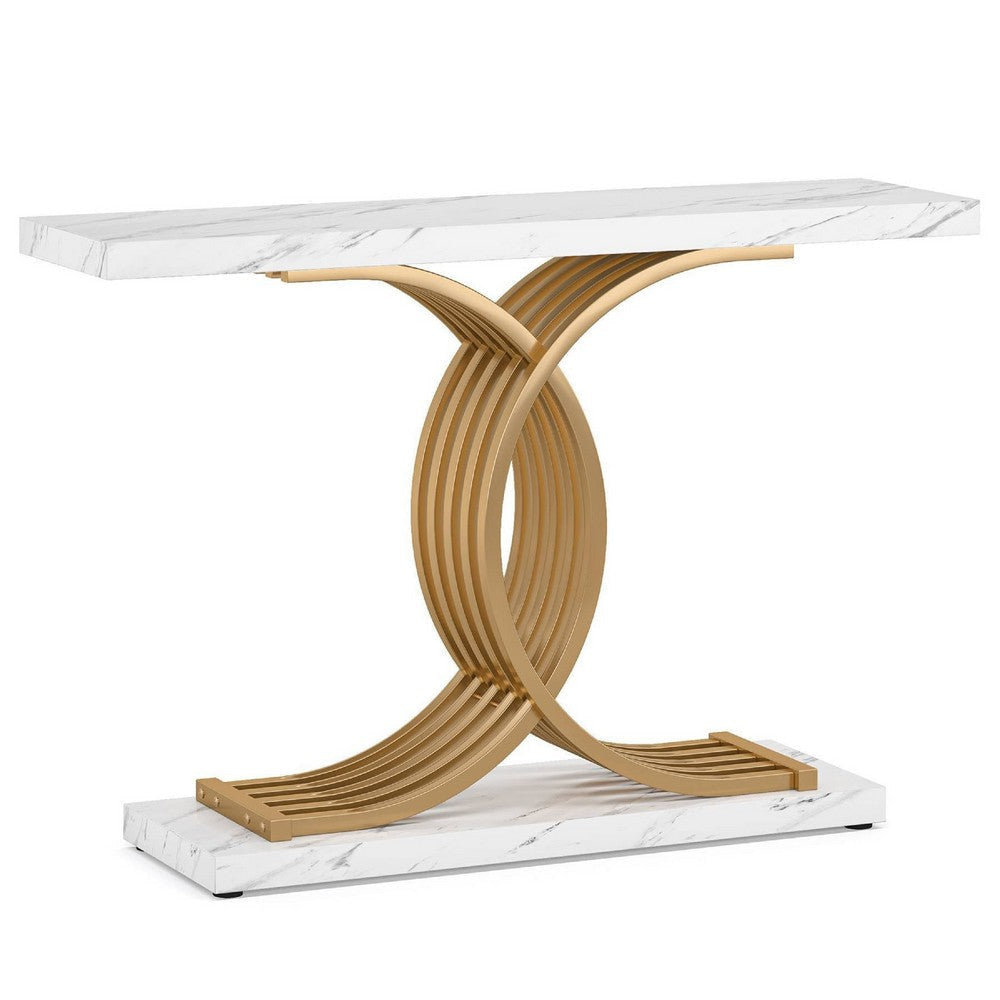 Meu Console Table | Curved Gold Metal Base | 39" White Faux Marble