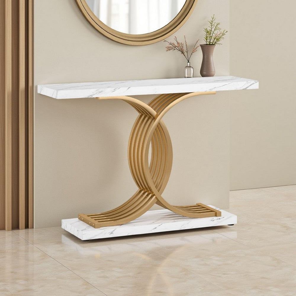 Meu Console Table | Curved Gold Metal Base | 39" White Faux Marble