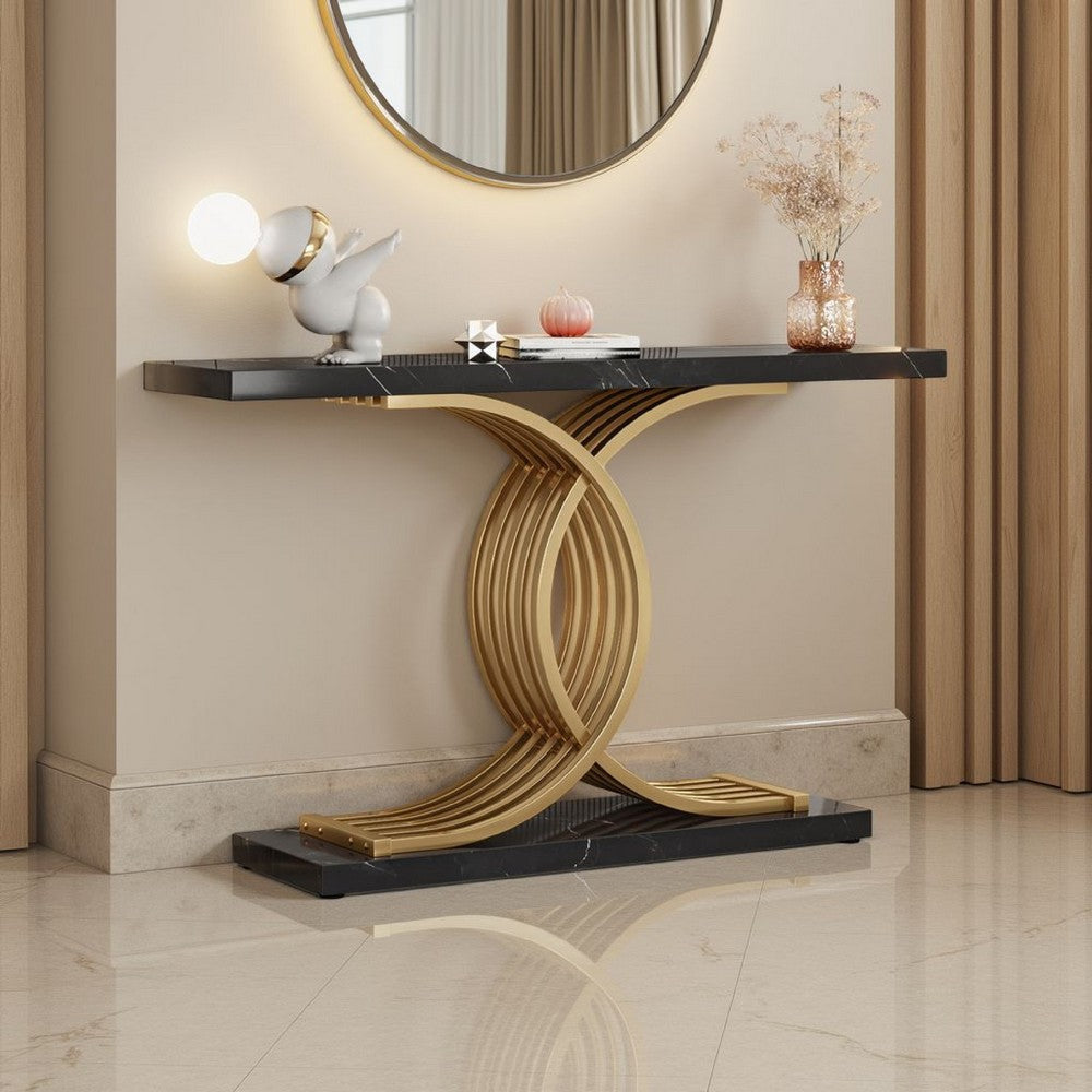 Meu Console Table | Curved Gold Metal Base | 39" Black Faux Marble