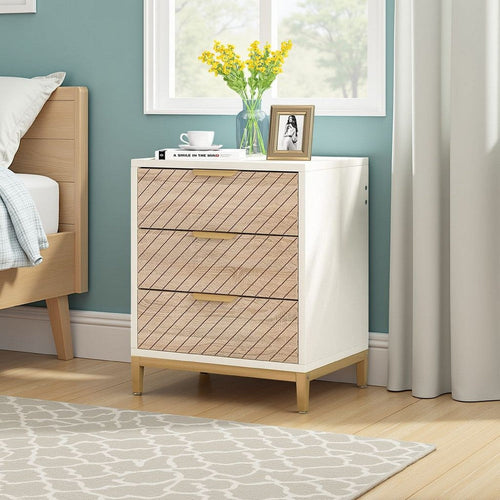 Bedside Nightstand w 3 Drawers | Modern Gold Metal Handles | White