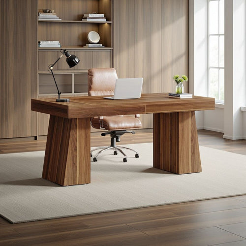 Executive Computer Desk | 55" Rectangular Top | Brown Angled Base