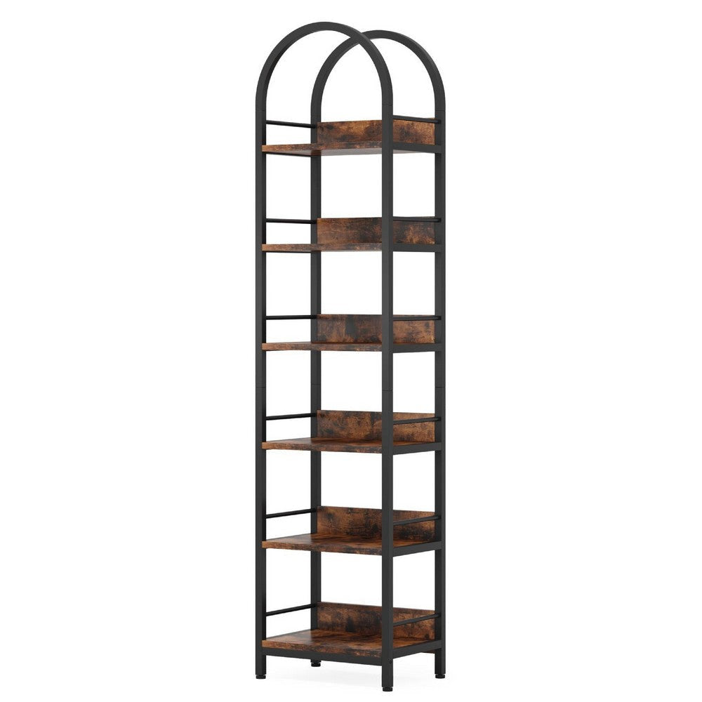 Meo Corner Bookshelf | 6 Tier Arched Black Metal | Brown Wood Shelves