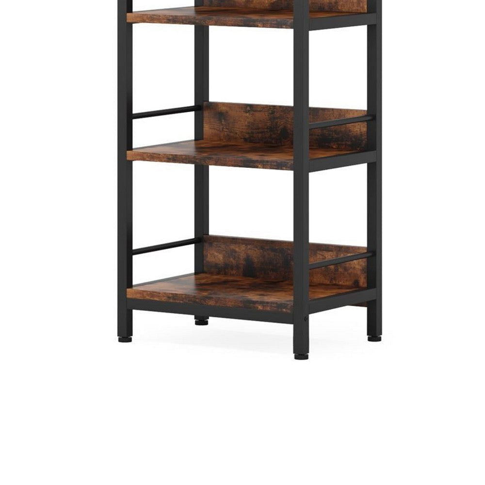 Meo Corner Bookshelf | 6 Tier Arched Black Metal | Brown Wood Shelves