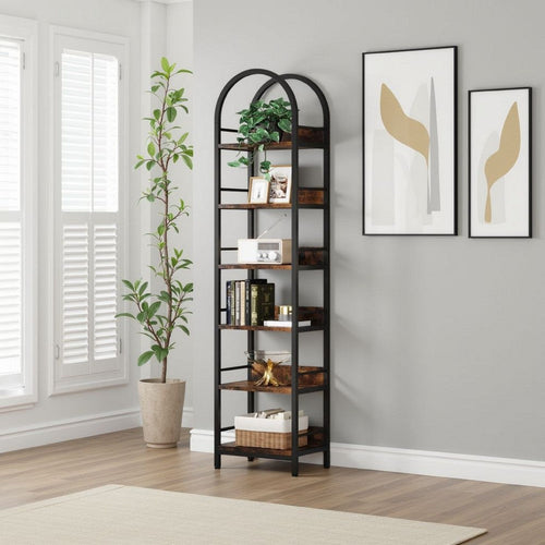 Meo Corner Bookshelf | 6 Tier Arched Black Metal | Brown Wood Shelves