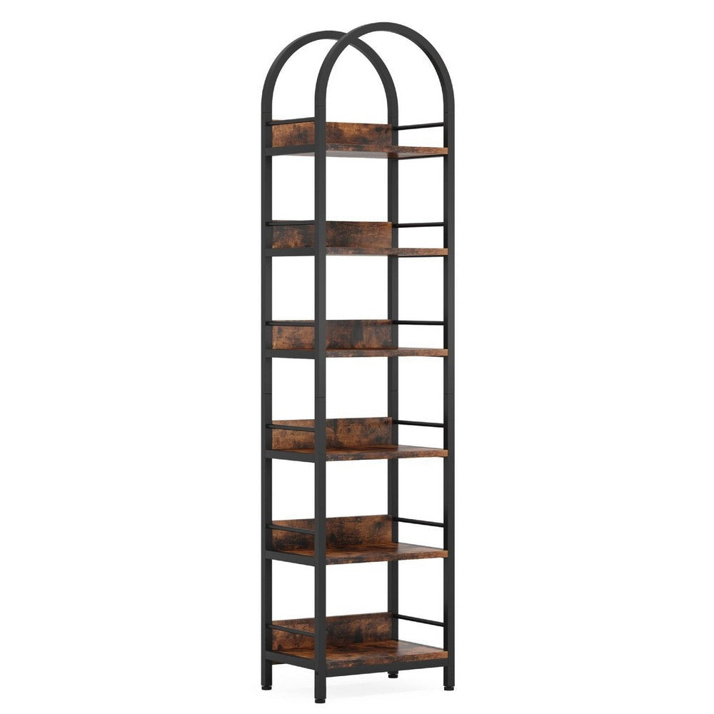 Meo Corner Bookshelf | 6 Tier Arched Black Metal | Brown Wood Shelves