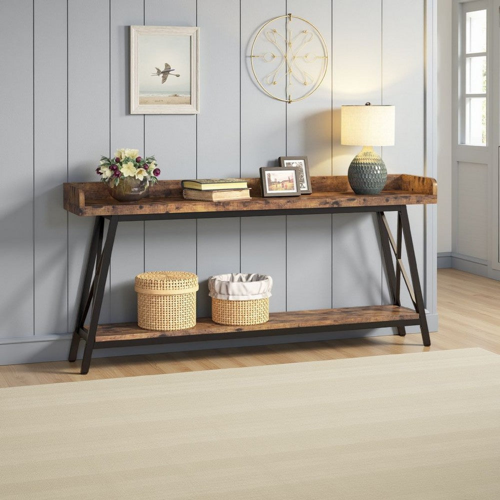 Industrial Sofa Console Table | 2 Tier Narrow | 71" Brown and Black