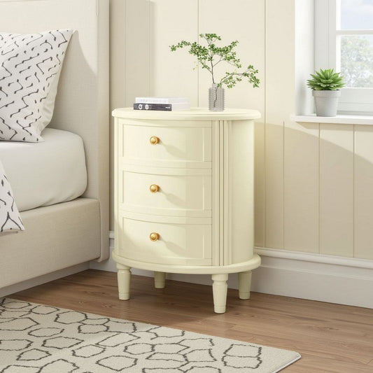 Nightstand with 3 Drawers Gold Knobs | Oval Carved Design | Ivory Wood