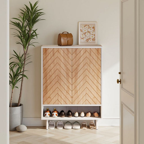 Shoe Cabinet with 6 Shelves | 2 Brown Chevron Pattern Doors | White