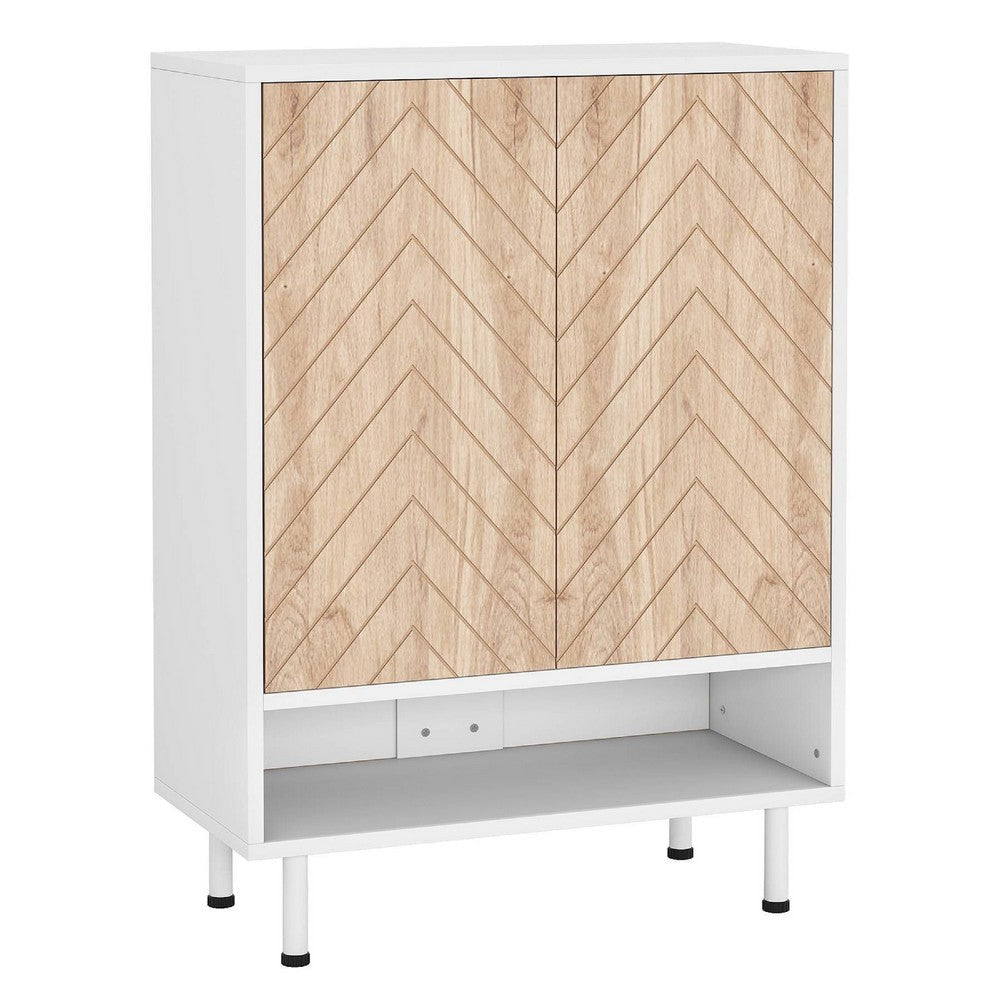 Shoe Cabinet with 6 Shelves | 2 Brown Chevron Pattern Doors | White