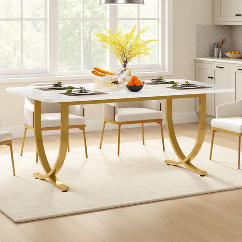 Dining Table | Modern Geometric Gold Metal | 63" White Faux Marble