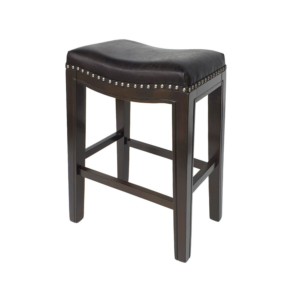 Feine Counter Stool Set of 2 | Gray Faux Leather Saddle Seat | Brown