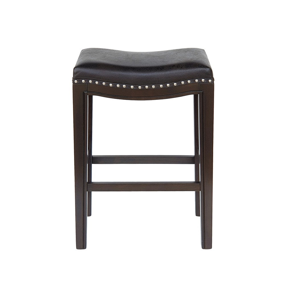Feine Counter Stool Set of 2 | Gray Faux Leather Saddle Seat | Brown