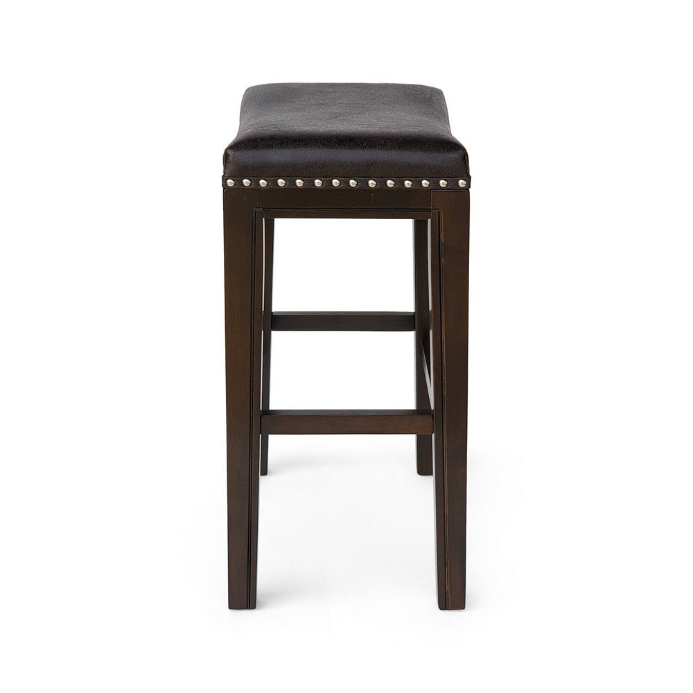 Feine Counter Stool Set of 2 | Gray Faux Leather Saddle Seat | Brown