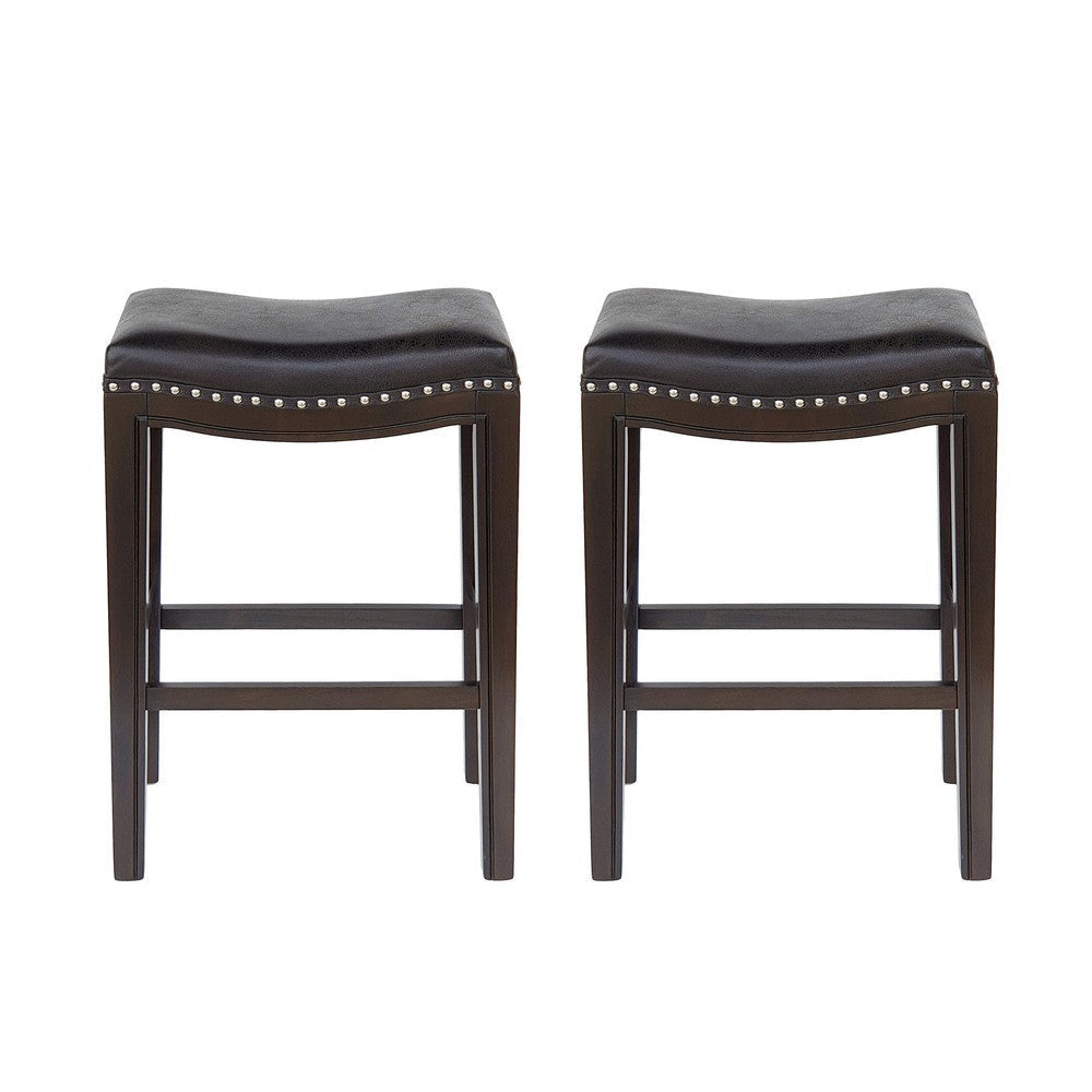Feine Counter Stool Set of 2 | Gray Faux Leather Saddle Seat | Brown