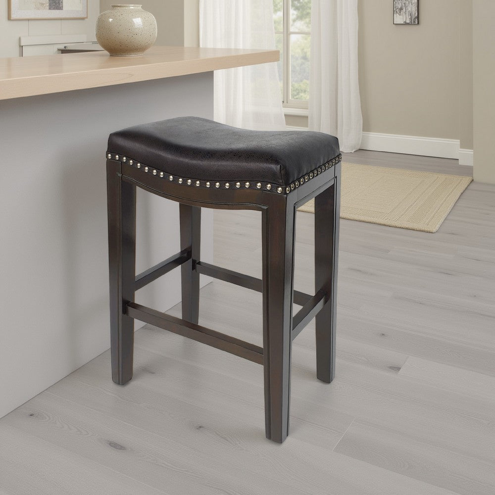 Feine Counter Stool Set of 2 | Gray Faux Leather Saddle Seat | Brown