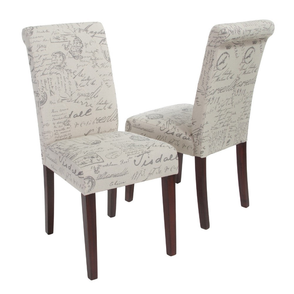 Dining Chair Set of 2 | Beige Linen Rolled Back | Dark Brown Hardwood