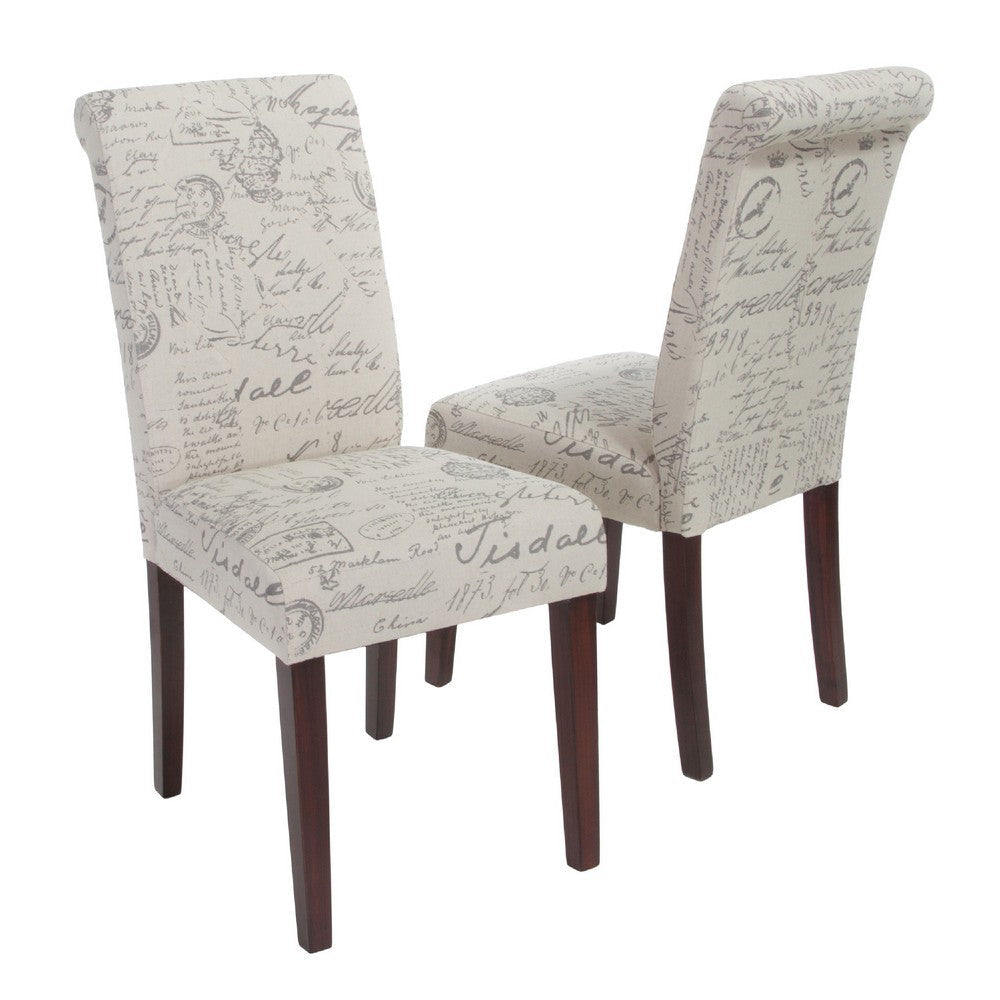Dining Chair Set of 2 | Beige Linen Rolled Back | Dark Brown Hardwood