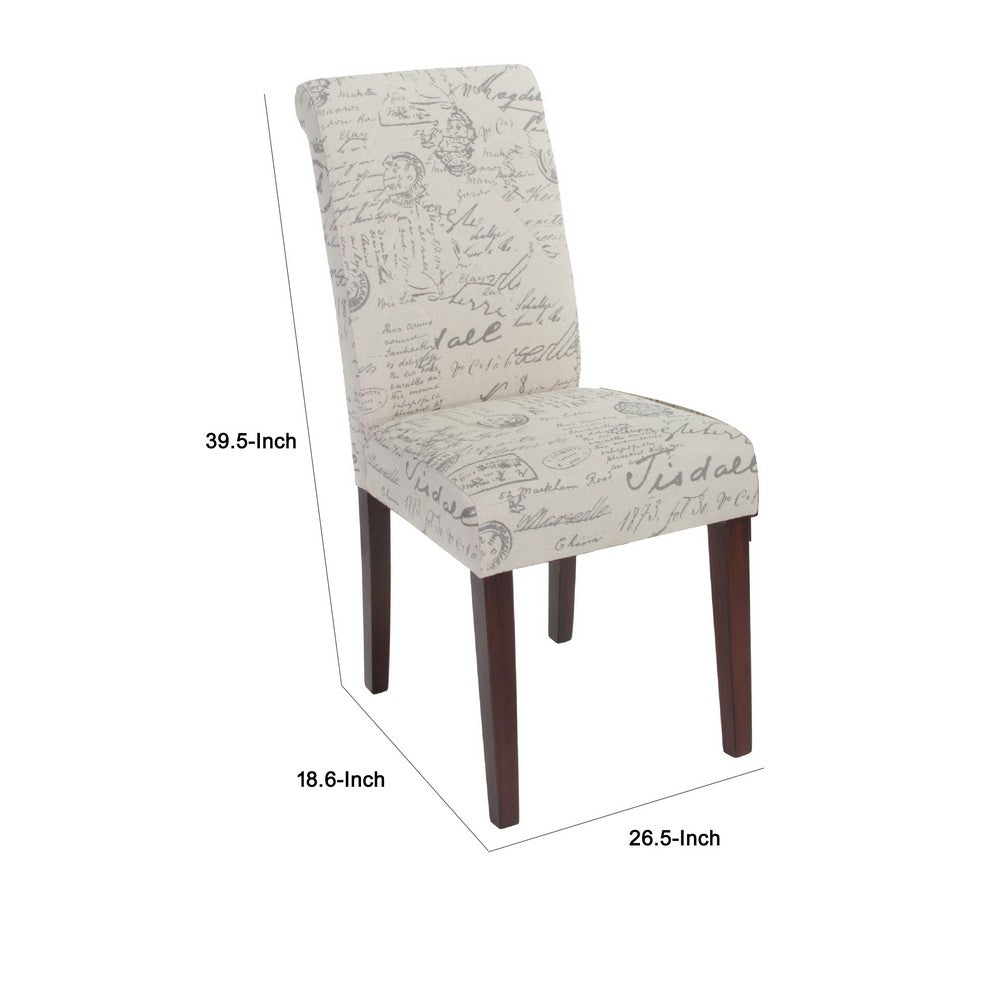 Dining Chair Set of 2 | Beige Linen Rolled Back | Dark Brown Hardwood