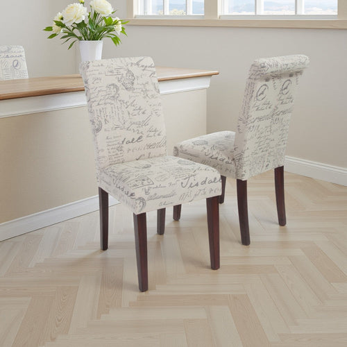 Dining Chair Set of 2 | Beige Linen Rolled Back | Dark Brown Hardwood