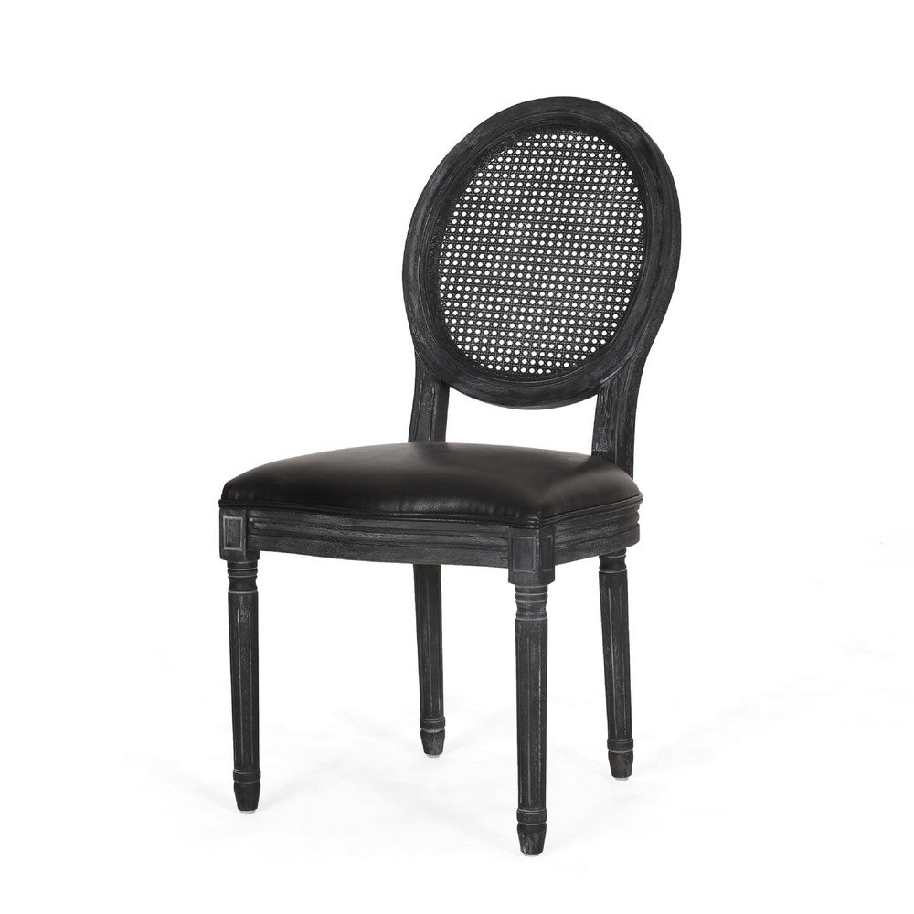 French Country Dining Chair Set of 2 | Black Wood | Round Cane Back