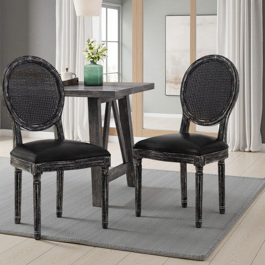 French Country Dining Chair Set of 2 | Black Wood | Round Cane Back