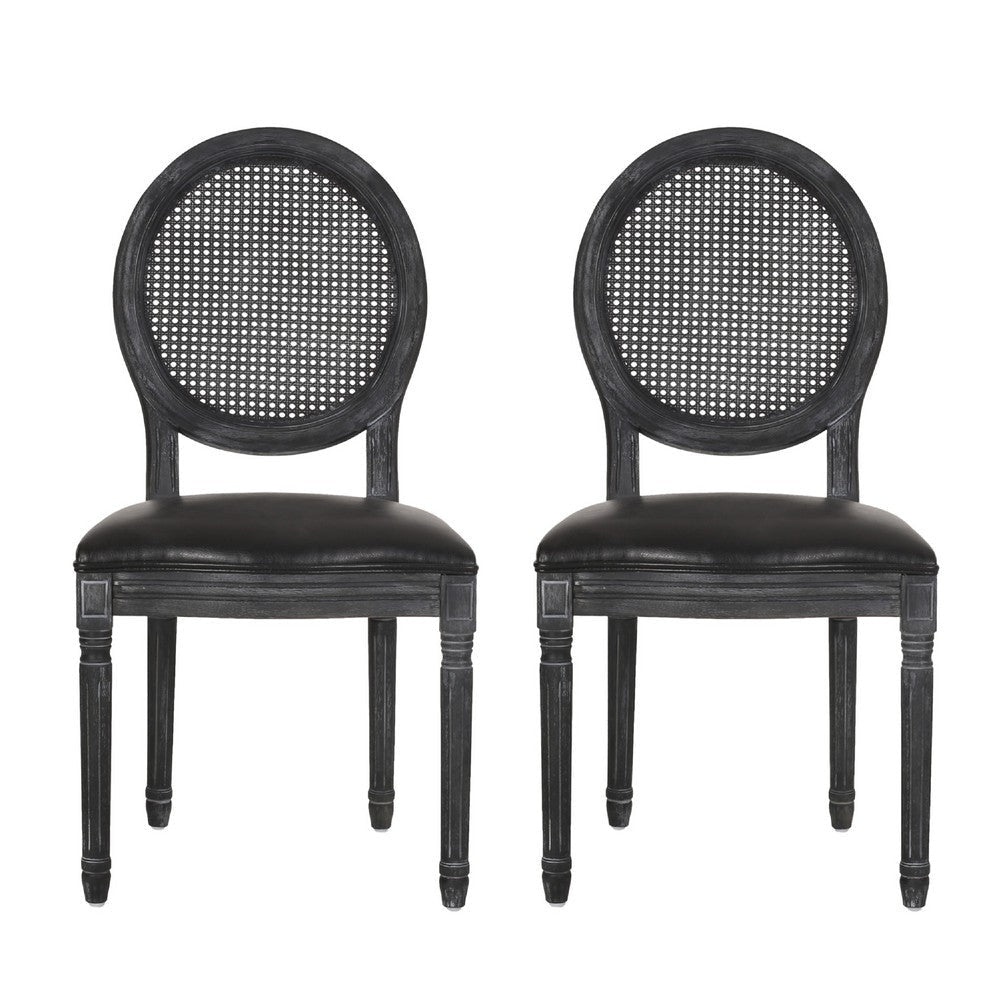 French Country Dining Chair Set of 2 | Black Wood | Round Cane Back
