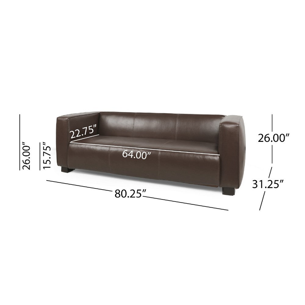 3 Seater Sofa | Low Profile Dark Brown Faux Leather | Birch Wood | 80"