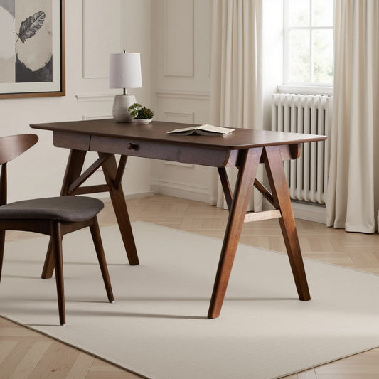 Elana Desk with 1 Drawer | Industrial Trestle Walnut Brown Wood 57"