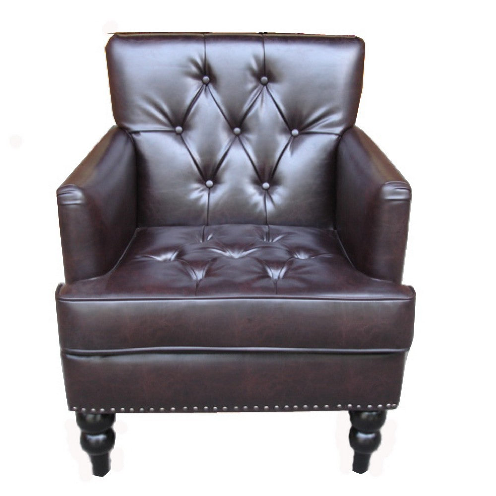 Lit Club Armchair | Turned Birch Wood Legs | Brown Tufted Faux Leather