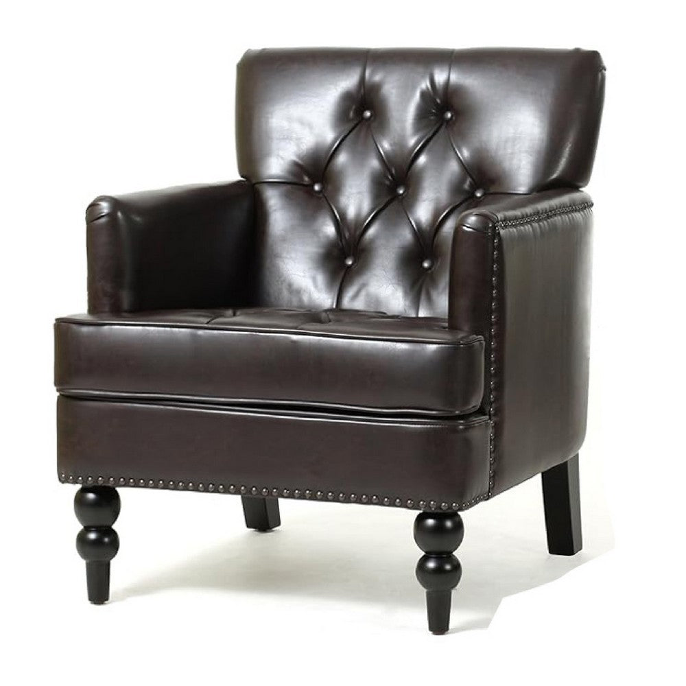 Lit Club Armchair | Turned Birch Wood Legs | Brown Tufted Faux Leather