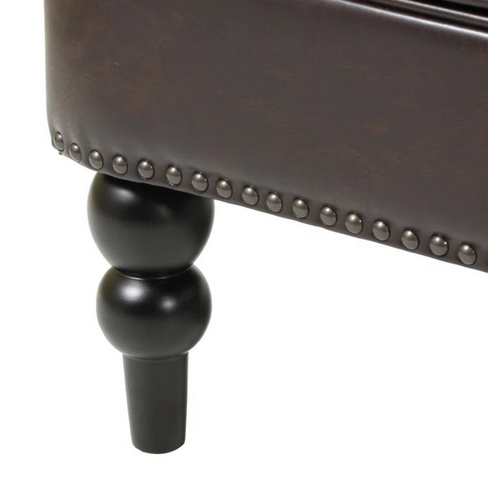 Lit Club Armchair | Turned Birch Wood Legs | Brown Tufted Faux Leather