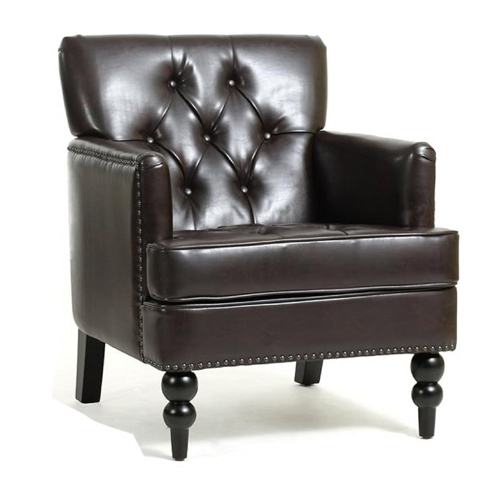 Lit Club Armchair | Turned Birch Wood Legs | Brown Tufted Faux Leather