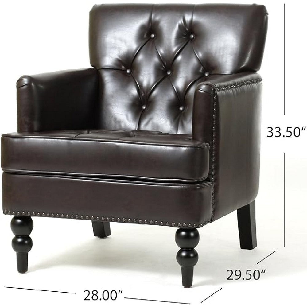 Lit Club Armchair | Turned Birch Wood Legs | Brown Tufted Faux Leather BM337017