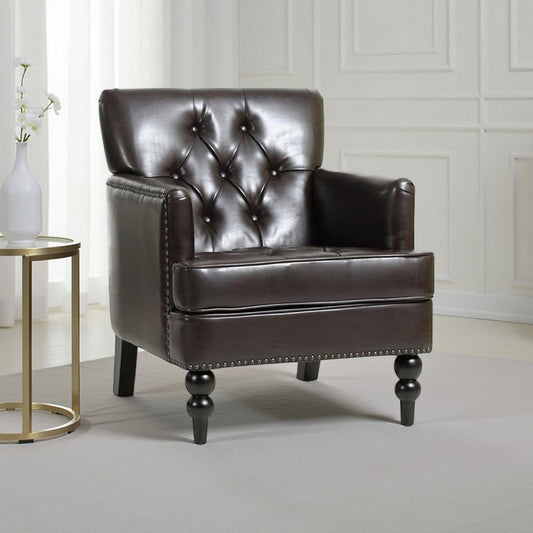 Lit Club Armchair | Turned Birch Wood Legs | Brown Tufted Faux Leather