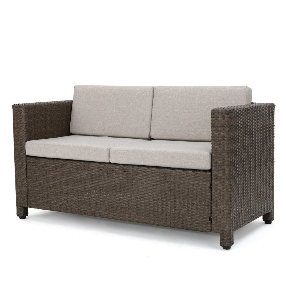 Perie Outdoor Loveseat | Modern Brown Faux Rattan | Gray Polyester