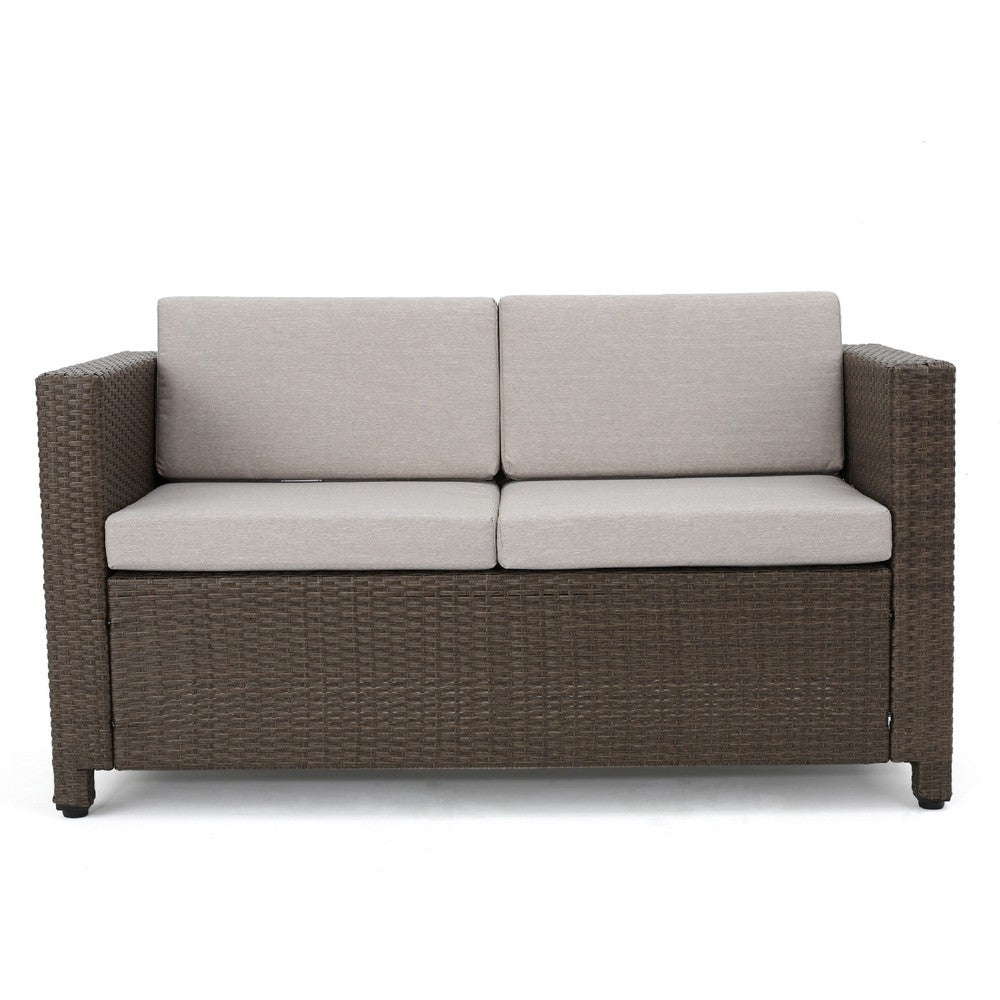 Perie Outdoor Loveseat | Modern Brown Faux Rattan | Gray Polyester