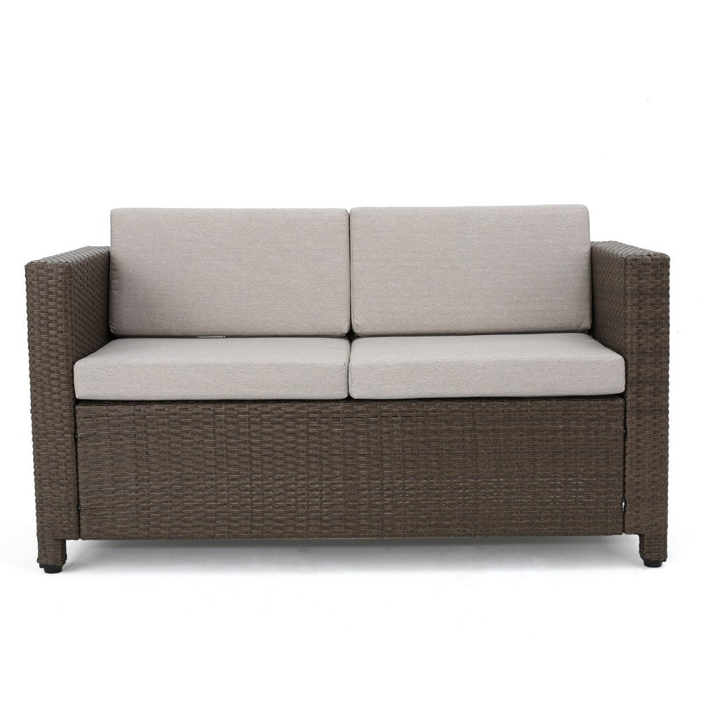Perie Outdoor Loveseat | Modern Brown Faux Rattan | Gray Polyester BM337032