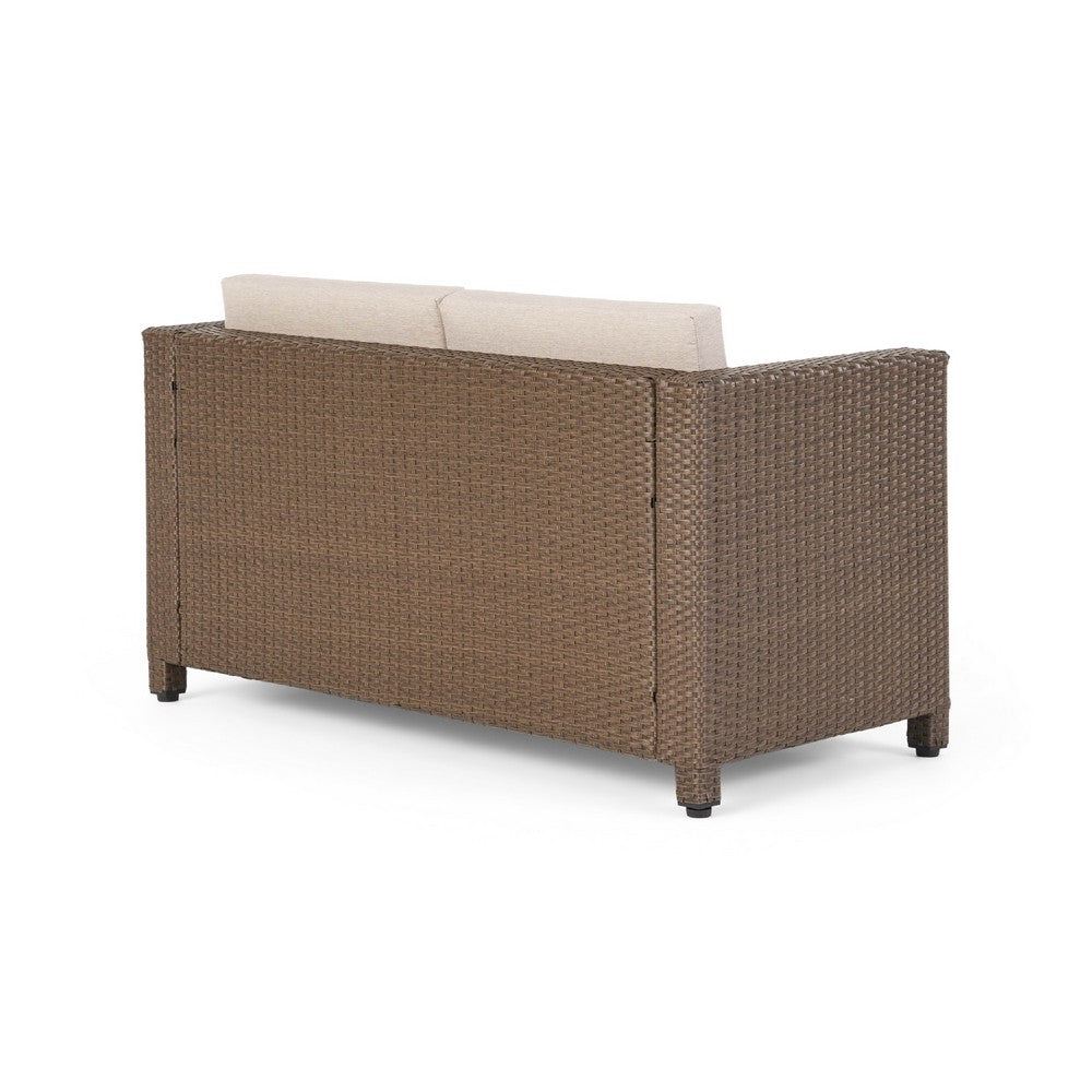 Perie Outdoor Loveseat | Modern Brown Faux Rattan | Gray Polyester
