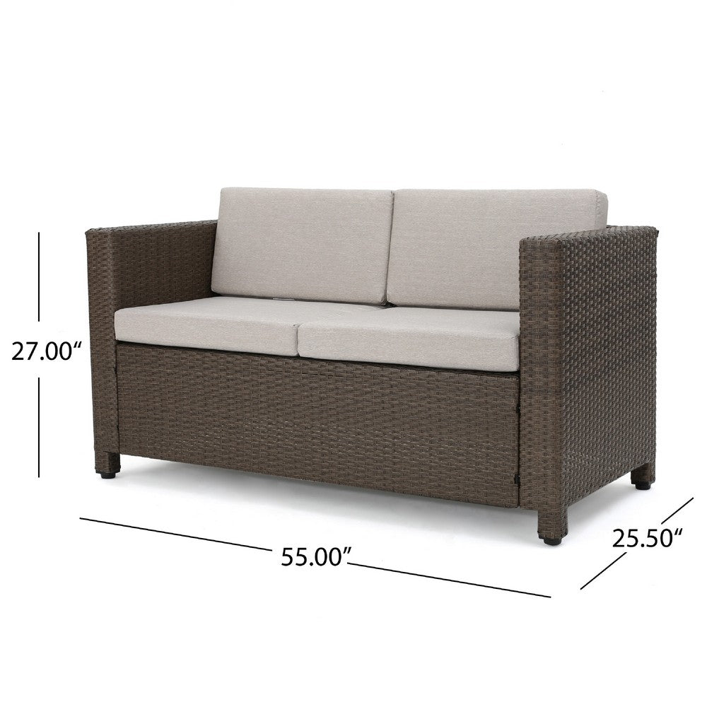 Perie Outdoor Loveseat | Modern Brown Faux Rattan | Gray Polyester