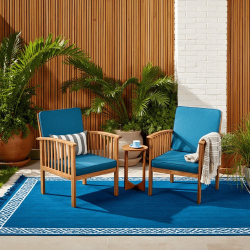 Gerry Outdoor Club Chair Set of 2 | Slatted Design | Brown Wood | Blue